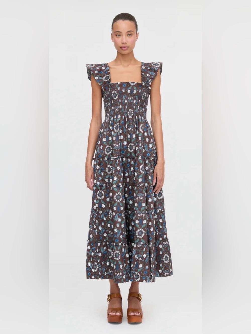 Hill House The Ellie Maxi Nap Dress In Chocolate Swedish Floral